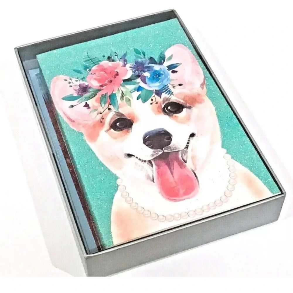 Stylish Doggies Glitter Embellished 16 Note Cards - Corgi & Dachshund